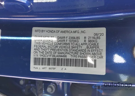 2020 Honda Accord Sport из США, поврежденный, VIN 1HGCV1F39LA094496